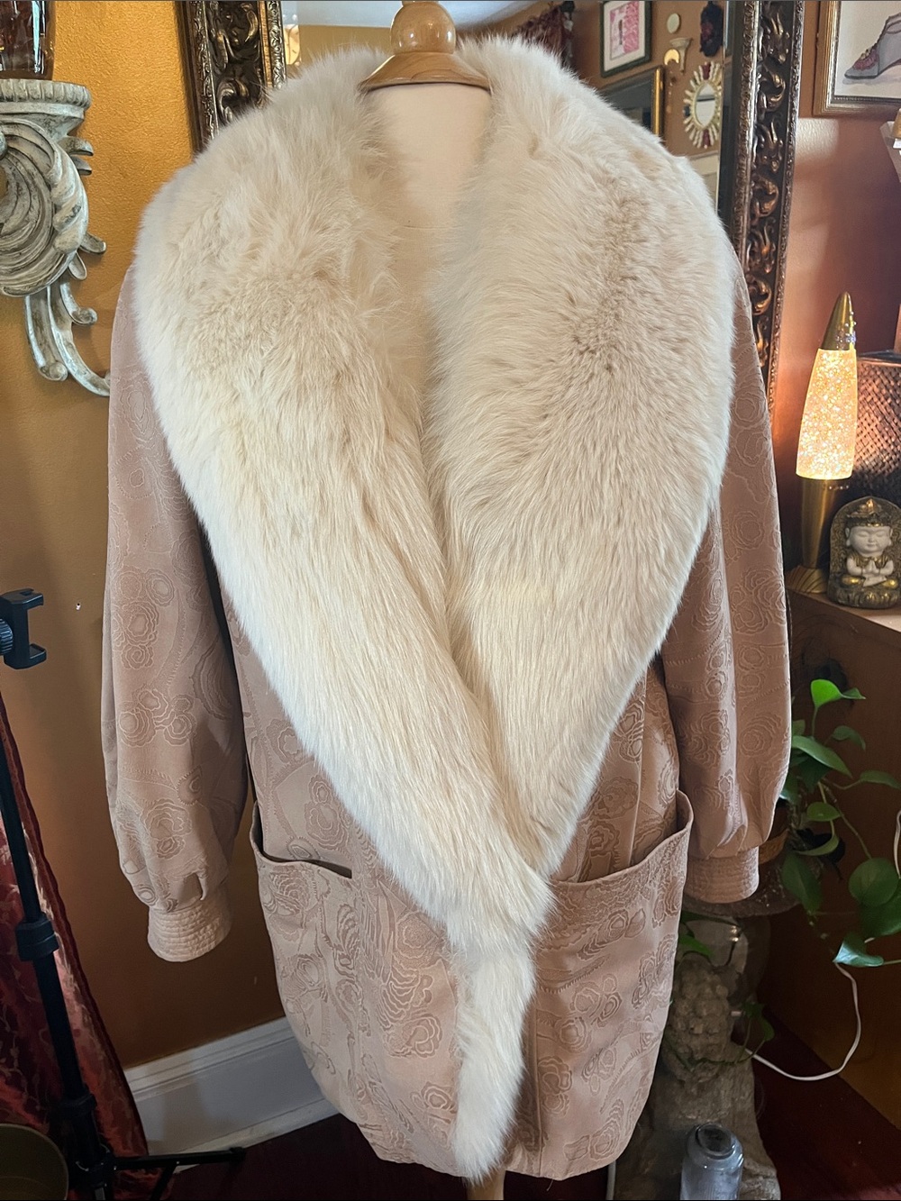 Vintage 80s Marvin Richard’s J Percy Blush suede Coat with Cream fur trim Size M - Picture 7 of 16
